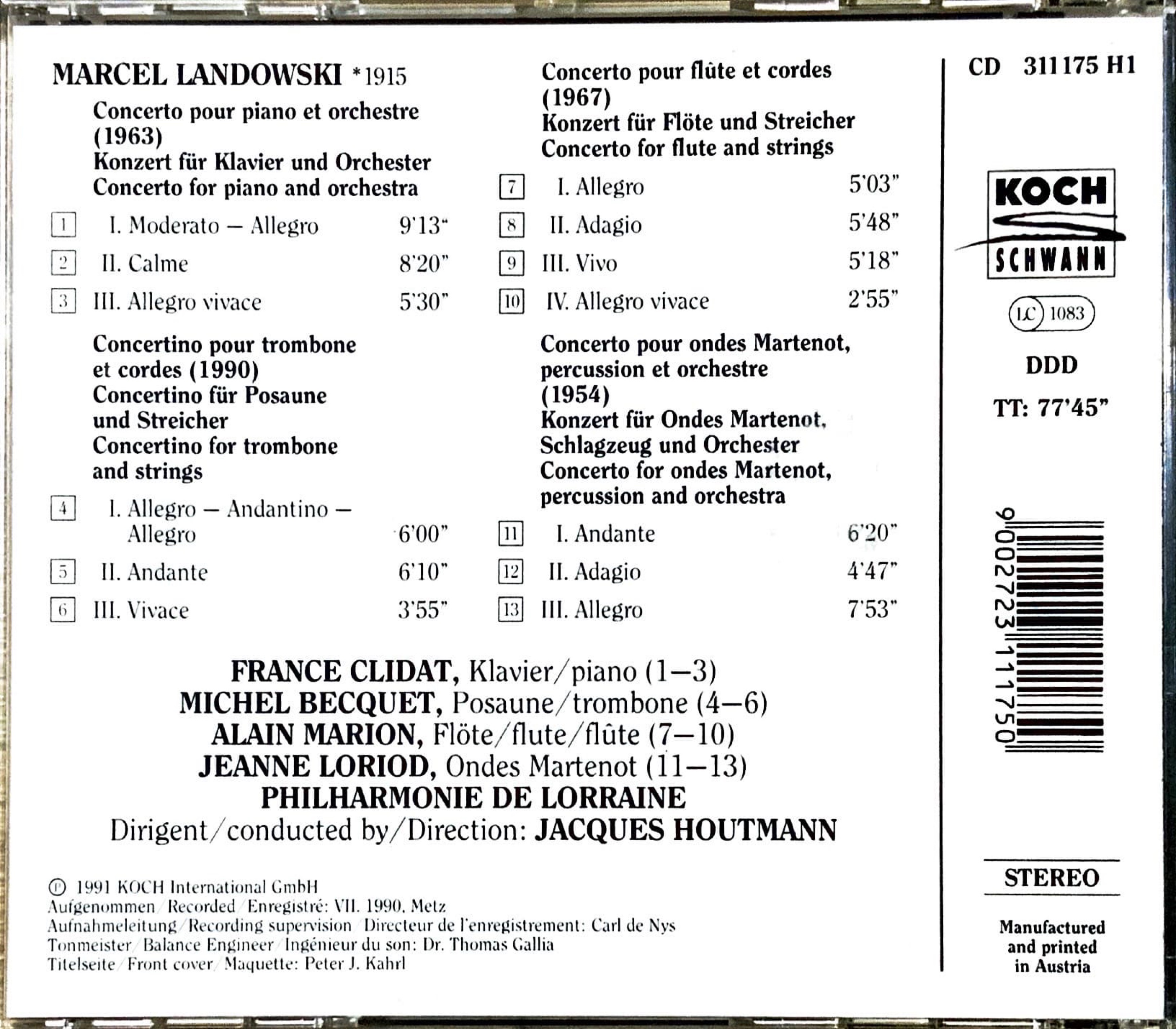 Marcel Landowski・Concertos Pour Flute Ondes Martenot Piano Improvisations Pour Trombone